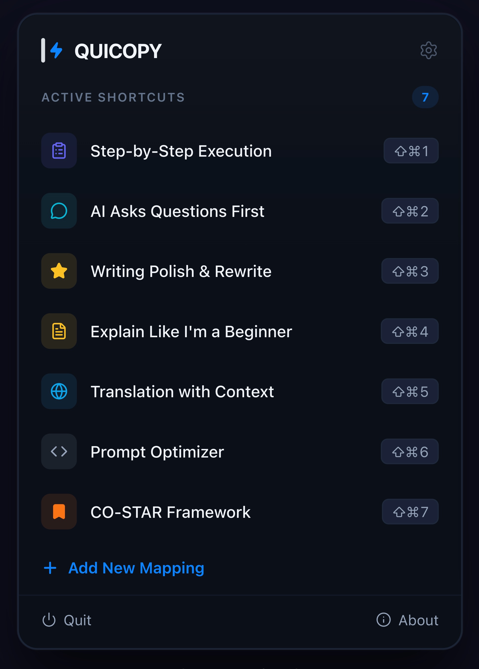QUICOPY main interface showing 7 built-in AI prompt shortcuts