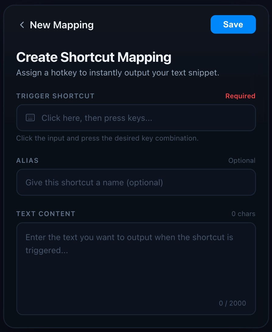 QUICOPY shortcut mapping interface