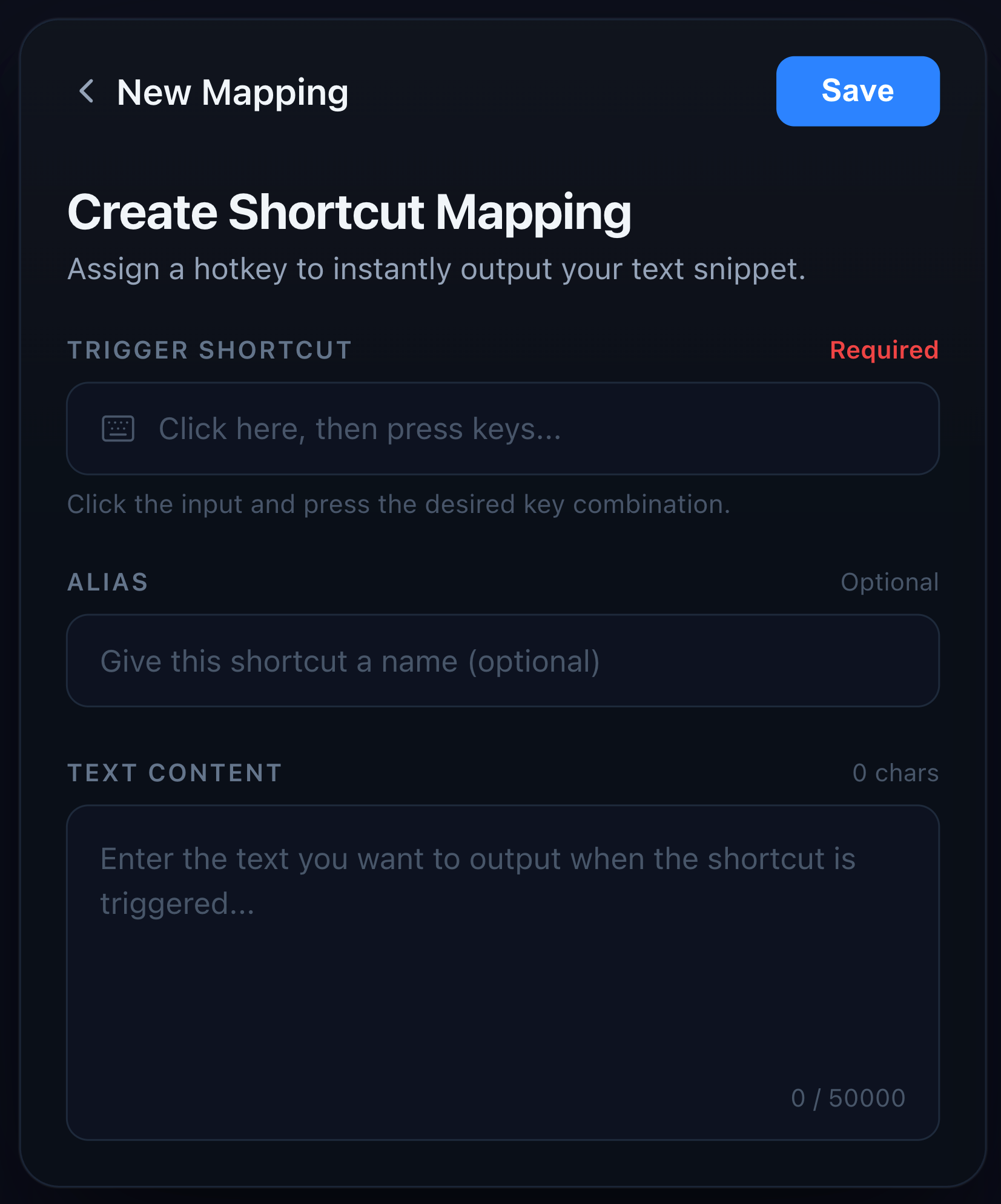 QUICOPY shortcut mapping interface